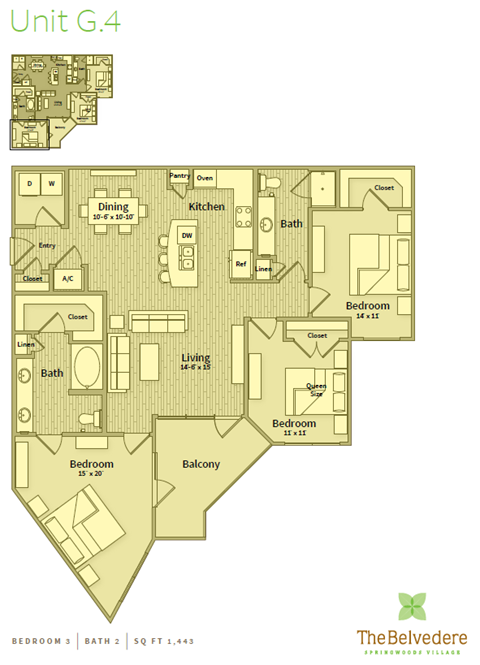 Floor plan for 3 beds, 2 baths, 1443 sqft